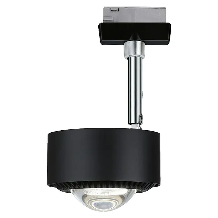 Paulmann URail LED-Spot Aldan - Schwarz matt, Neutralweiß, Ø x H: 9,8 x 17 cm - Nahaufnahme einer schwarzen LED-Trackleuchte mit Chromverlängerung und Glaslinse, die modernes Design und funktionale Beleuchtung vereint.