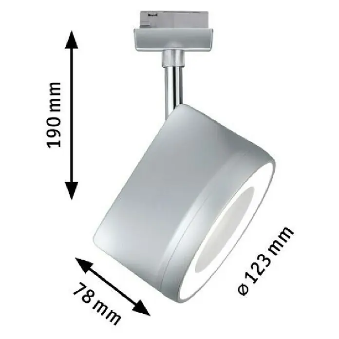 Paulmann URail LED-Spot Arena - Chrom matt, 7,8 x 12,3 x 19,1 cm, Neutralweiß - Die Abbildung zeigt einen modernen, silberfarbenen Strahler mit den Maßen 190 mm Höhe, 78 mm Breite und einem Durchmesser von 123 mm.
