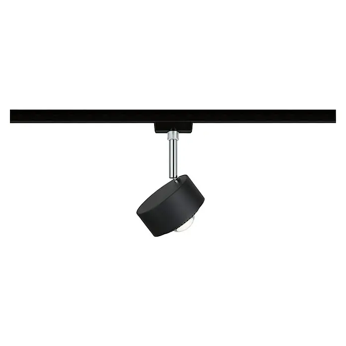 Paulmann URail LED-Spot Aldan - Schwarz matt, Neutralweiß, Ø x H: 9,8 x 17 cm - Eine Nahaufnahme einer schwarzen Schienenleuchte mit Chromarm, die an einer schwarzen Schiene befestigt ist und nach unten geneigt ist.