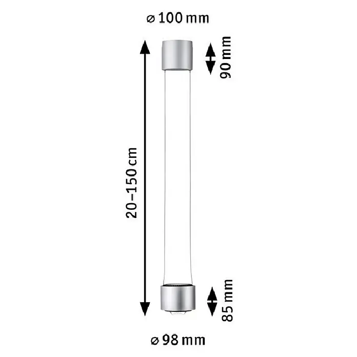 Paulmann URail LED-Pendelleuchte Aldan - Neutralweiß, Chrom matt, Ø x H: 10 x 150 cm, 4.000 K - Produktabbildung: Eine zylindrische LED-Lampe mit silbernen Endkappen und den Maßen 100 mm Durchmesser oben, 98 mm unten und 20-150 cm Höhe.