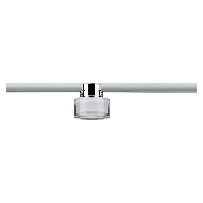 Paulmann URail LED-Spot Topa Dot - Chrom matt, Ø x H: 8 x 13 cm - Nahaufnahme einer modernen, zylindrischen Badezimmerleuchte mit Chromdetails, die an einer Metallschiene befestigt ist.