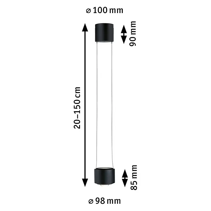 Paulmann URail LED-Pendelleuchte Aldan - Neutralweiß, Schwarz matt, Ø x H: 10 x 150 cm, 4.000 K - Produktbild einer schwarzen Pendelleuchte mit den Maßen Ø 100 mm, 90 mm Höhe oben und Ø 98 mm, 85 mm Höhe unten, Länge 20–150 cm.