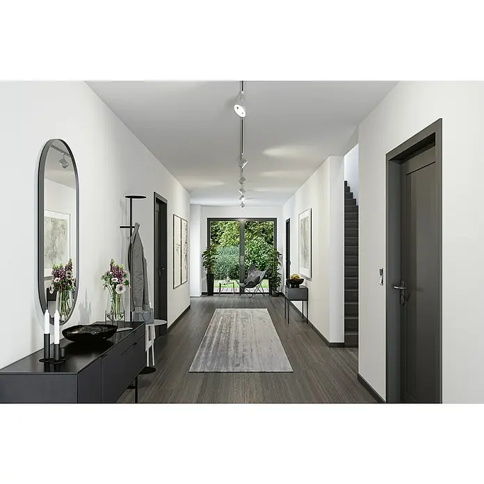 Paulmann URail LED-Spot Arena - Chrom matt, 7,8 x 12,3 x 19,1 cm, Neutralweiß - Moderner Flur mit elegantem Spiegel, Kommode und stilvoller Beleuchtung. Das harmonische Design schafft eine einladende Atmosphäre im Raum.