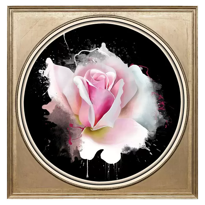 Glasbild - Rose, B x H: 60 x 60 cm - Goldgerahmtes Rundbild mit rosa Aquarellrose auf Schwarz.