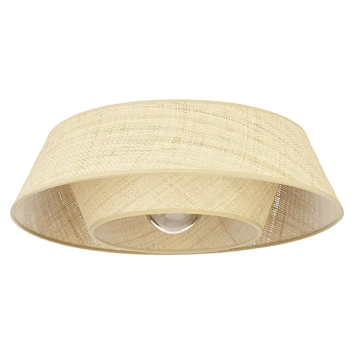 Eglo LED-Deckenleuchte Marford - 60 W, Bast, Durchmesser: 50 cm - Nahaufnahme einer modernen Deckenleuchte mit einem Lampenschirm aus beigefarbenem Rattan und einem warmen Lichtschein.