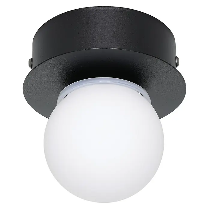 Eglo LED-Wand- & Deckenleuchte Mosiano - 3,3 W, Schwarz, Schwarz, Warmweiß, Durchmesser: 11 cm - Nahaufnahme einer mattschwarzen Deckenleuchte mit einer runden, weißen Glaskugel. Das Design ist minimalistisch und modern.