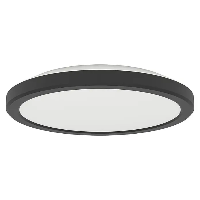 Eglo LED-Deckenleuchte rund Testara-E - 10 W, Ø x H: 21,1 x 3 cm, Schwarz, Warmweiß - Nahaufnahme einer modernen, runden LED-Deckenleuchte mit weißem Diffusor und grauem Rahmen, ideal für zeitgenössische Innenräume.