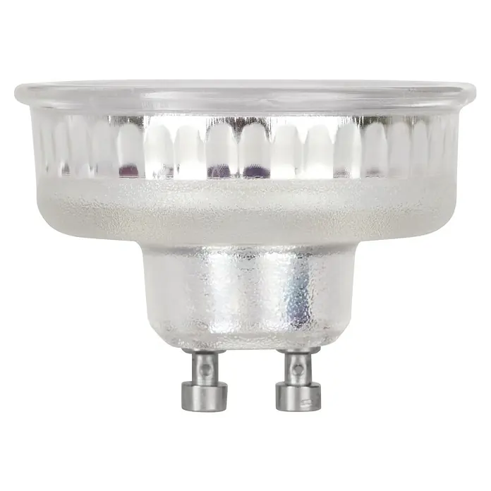 Eglo LED-Lampe Flat - GU10, Nicht Dimmbar, Neutralweiß, 400 lm, 4 W, 1 Stk. - Nahaufnahme einer MR16-LED-Lampe mit klarem Glas und Stiftsockel, ideal für Akzentbeleuchtung im Innenbereich.
