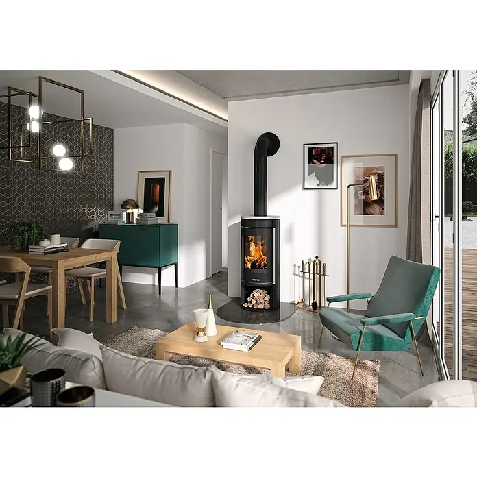Justus Kaminofen Mino 2.0 - 5,5 kW, Raumheizvermögen: 88 m³, Farbe Verkleidung: Speckstein, Schwarz - Kaminofen Justus in modernem Wohnzimmer. Stilvolles Design und gemütliche Wärme für entspannte Stunden.