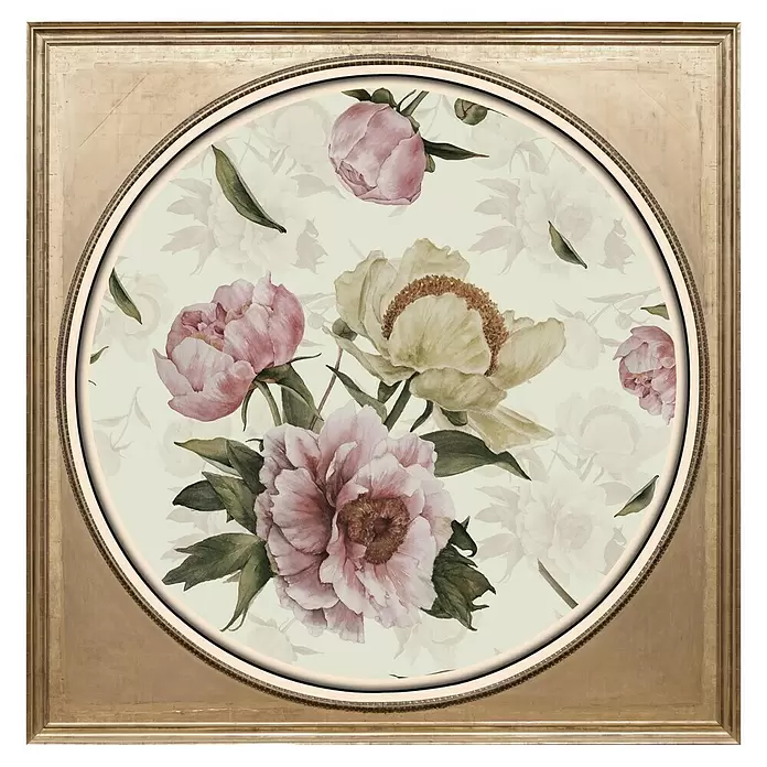 Glasbild - Blumen, B x H: 40 x 40 cm - Goldgerahmtes quadratisches Bild mit rundem Einsatz, der rosa und cremefarbene Aquarell-Pfingstrosen und Blätter zeigt.