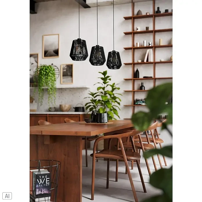 Eglo Persley Lámpara colgante LED - 60 W, Negro, Número de bombillas: 3 ud. - Tres lámparas colgantes negras de cuerda sobre una mesa de madera con sillas, creando un ambiente cálido y acogedor.
