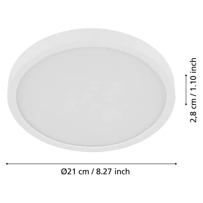 Eglo LED-Deckenleuchte Fueva 5 Sensor - 17 W, Weiß, Warmweiß, Durchmesser: 21 cm - Produktbild einer weißen LED-Deckenleuchte mit den Maßen 21cm Durchmesser und 2,8cm Höhe.