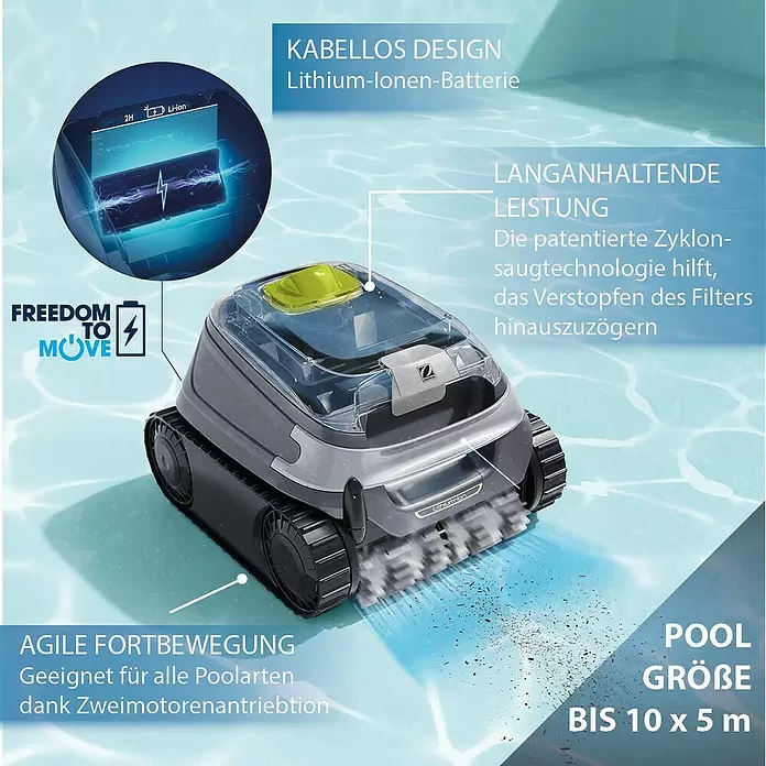 Zodiac Poolroboter CNX-Li 5220 iQ - Akkubetrieben, Passend für: Gartenpools bis 10 x 5 m, Filterleistung: 15 m³/h - Grauer, kabelloser Poolreiniger mit transparenter Abdeckung, der den Poolboden saugt.