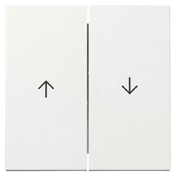 Gira System 55 Jalousiewippe 2515058 - Reinweiß glänzend, Kunststoff - Weißer Schalter mit Aufwärtspfeil und Abwärtspfeil zur Richtungssteuerung.