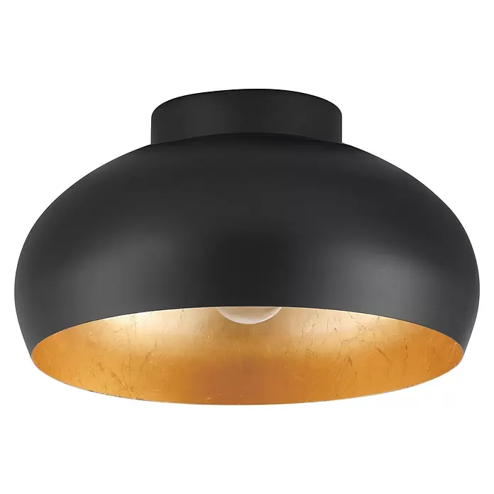 Eglo Deckenleuchte Mogano 2 - L x B x H: 28 x 28 x 17,5 cm - Schwarze Deckenleuchte in Kuppelform mit goldener Innenseite und sichtbarer Glühbirne.