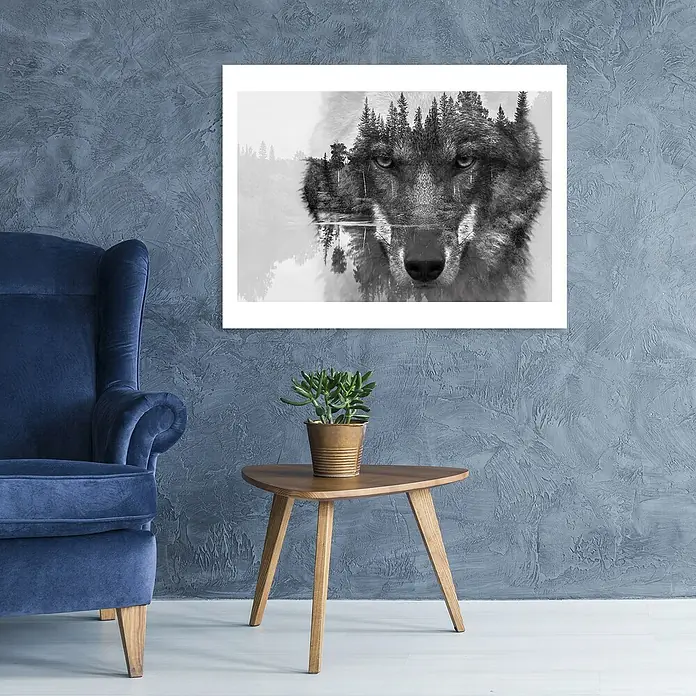 Glasbild - Wolf, B x H: 120 x 80 cm - Wanddekor mit Wolfsmotiv, das Natur und Tier vereint. Einzigartiges Design für stilvolle Wohnräume.