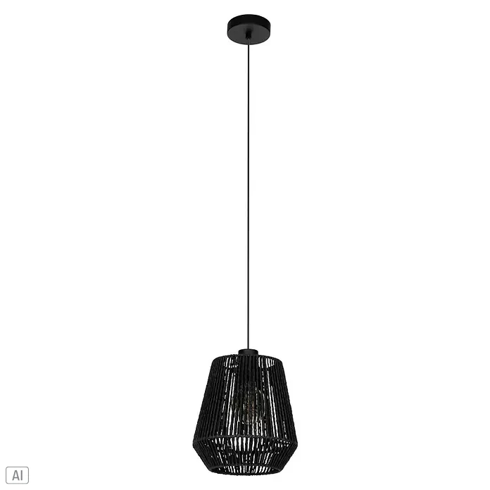 Eglo Persley LED-Pendelleuchte Persley - 60 W, Ø x H: 22 x 110 cm, Anzahl Leuchtmittel: 1 Stk. - Eine einzelne, elegante Pendelleuchte mit einem schwarzen Seilgeflecht-Schirm, die ein modernes und doch warmes Ambiente bietet.