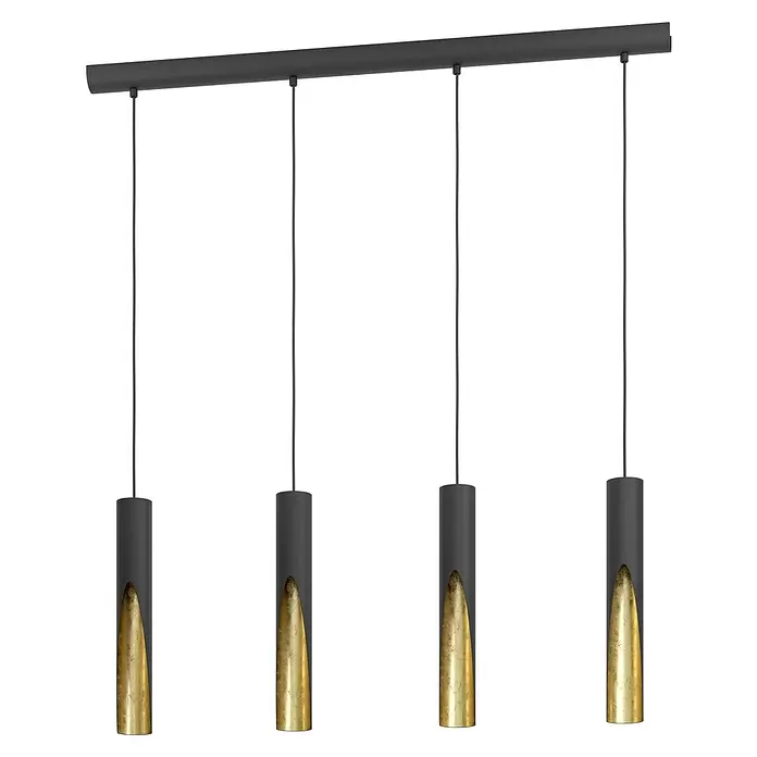 Eglo LED-Pendelleuchte Barbotto - 4,5 W, L x B x H: 92,5 x 6 x 110 cm, Schwarz, Warmweiß, Anzahl Leuchtmittel: 4 Stk. - Lineare Pendelleuchte mit dunkelgrauem Balken und vier zylindrischen, dunkelgrauen Lampen, jede mit spitzer, goldener Applikation am Boden.
