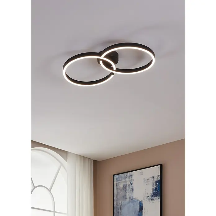 Eglo LED-Deckenleuchte Amandolo - 19,5 W, L x B x H: 67 x 38 x 6,5 cm, Schwarz, RGB - Moderne Deckenleuchte mit zwei ineinander verschlungenen Ringen und integriertem LED-Licht für eine stilvolle Beleuchtung.