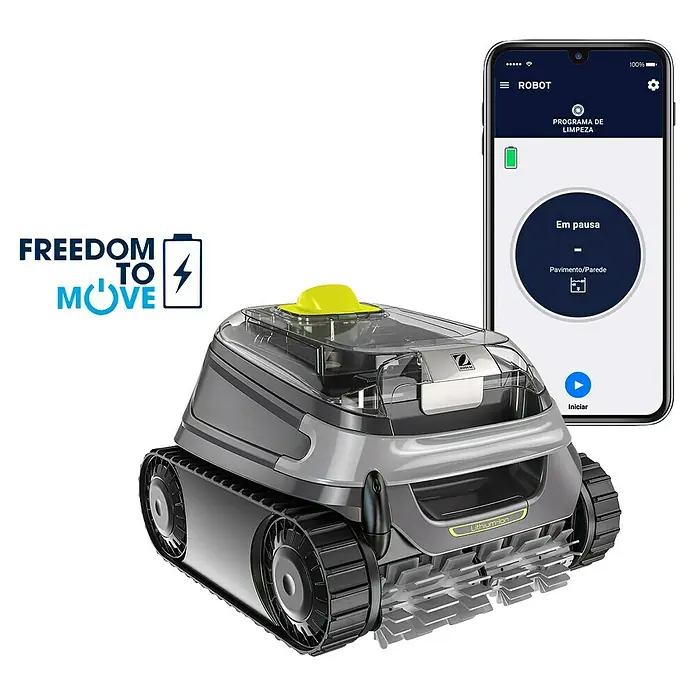 Zodiac Poolroboter CNX-Li 5220 iQ - Akkubetrieben, Passend für: Gartenpools bis 10 x 5 m, Filterleistung: 15 m³/h - Das Bild zeigt einen grauen Poolreinigungsroboter mit gelbem Knopf und ein Smartphone, das seine App steuert.