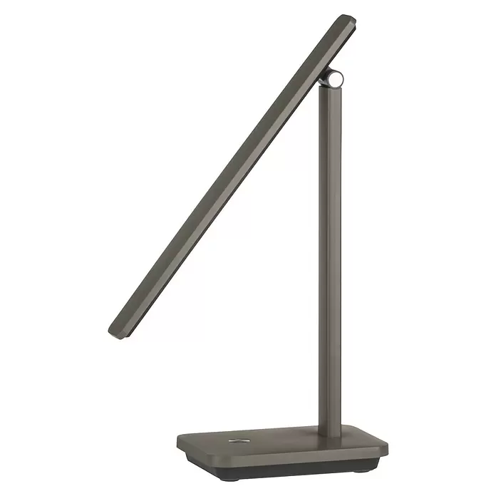 Eglo LED-Tischleuchte Iniesta - 3,6 W, L x B x H: 33 x 3,5 x 35 cm, Cappuccino, Warmweiß - Moderne dunkelgraue Schreibtischlampe mit vertikalem Ständer und schwenkbarer Leuchtleiste auf flachem Sockel.