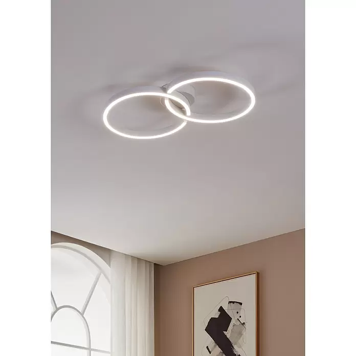 Eglo LED-Deckenleuchte Amandolo - 19,5 W, L x B x H: 67 x 38 x 6,5 cm, Weiß, RGB - Weiße Deckenleuchte mit zwei ineinandergreifenden LED-Ringen, die den Raum beleuchtet.