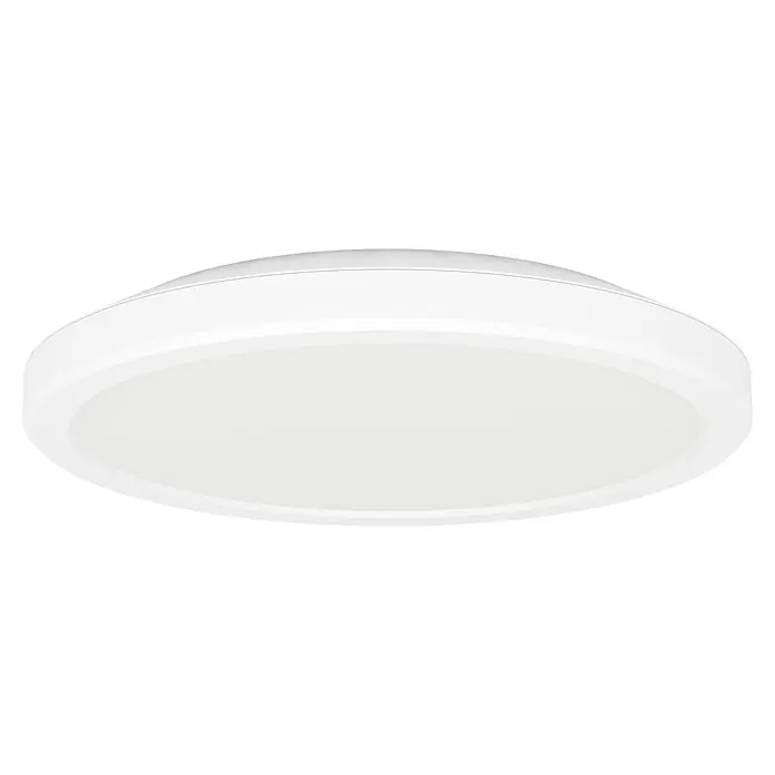 Eglo LED-Deckenleuchte rund Testara-E - 10 W, Ø x H: 21,1 x 3 cm, Weiß, Warmweiß - Nahaufnahme einer runden, weißen LED-Deckenleuchte mit einem schlichten, modernen Design und gleichmäßiger Ausleuchtung.