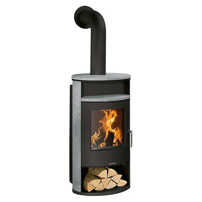 Justus Kaminofen Island Aqua - 10 kW, Raumheizvermögen: 200 m³, Material Verkleidung: Speckstein, Schwarz - Der Justus Kaminofen mit Holzfach und Feuerraum bietet Wärme und Gemütlichkeit. Sein modernes Design passt perfekt in jeden Wohnraum.