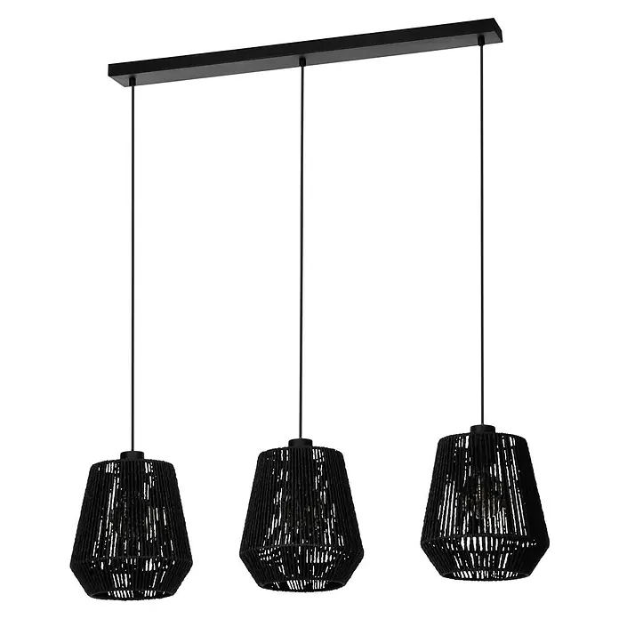 Eglo Persley LED-Pendelleuchte Persley - 60 W, Anzahl Leuchtmittel: 3 Stk. - Schwarze Hängelampe mit drei geflochtenen Lampenschirmen für eine stimmungsvolle Beleuchtung.