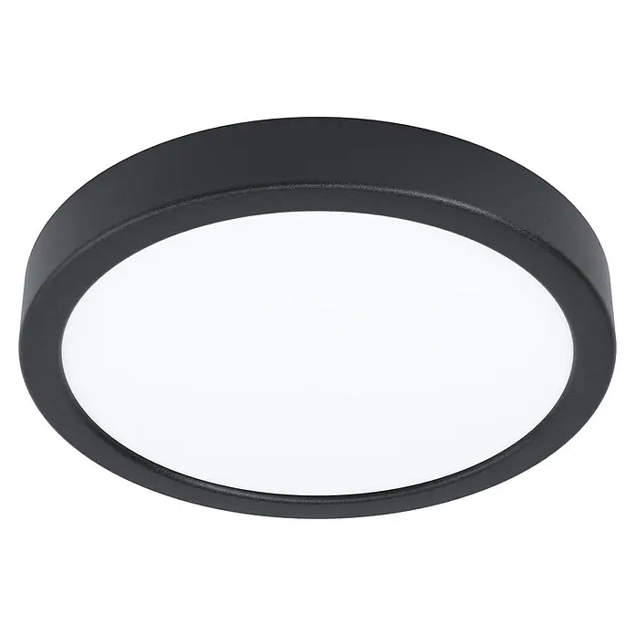 Eglo LED-Deckenleuchte Fueva 5 Sensor - 17 W, Schwarz, Warmweiß, Durchmesser: 21 cm - Nahaufnahme einer runden, mattschwarzen Deckenleuchte mit einem diffusen, weißen Lichtelement, das eine moderne Ästhetik vermittelt.