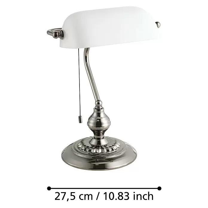 Eglo LED-Tischleuchte Banker - 60 W, L x B x H: 27,5 x 10 x 39 cm, Nickel-matt, Weiß - Bankerlampe aus Chrom mit weißem Glasschirm und Zugschalter auf einem verzierten Fuß.