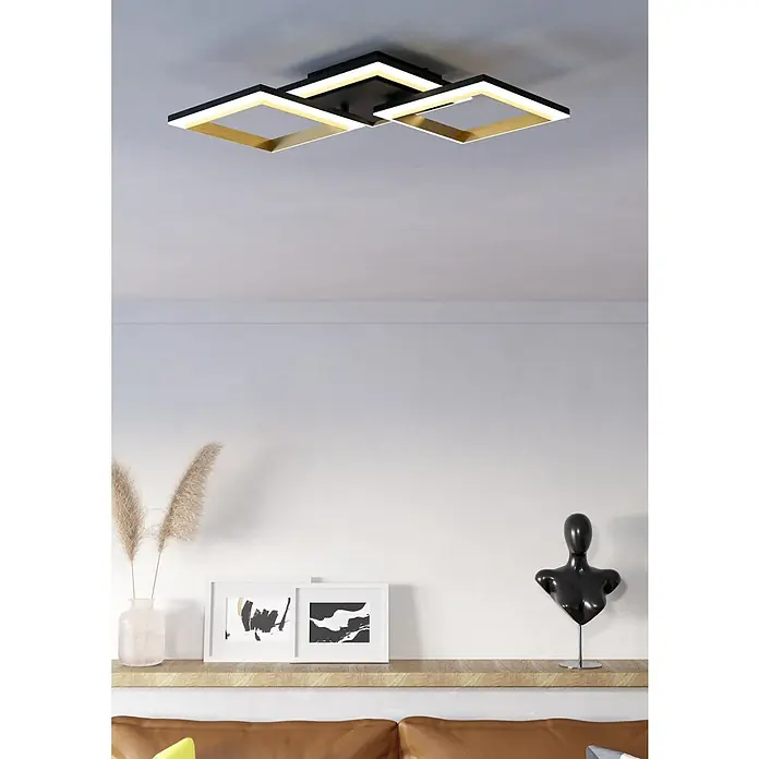 Eglo Calliera LED-Deckenleuchte Calliera - 20 W, L x B x H: 59,5 x 31 x 9 cm, Schwarz, Messing, Neutralweiß - Moderne Deckenleuchte mit quadratischem Design in Schwarz und Gold, die jedem Raum einen Hauch von Eleganz verleiht. Perfekt für stilvolle Beleuchtung.