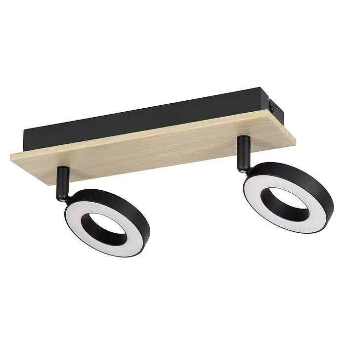 Eglo LED-Einbauleuchte Rielves - 4,2 W, L x B x H: 28 x 7 x 17,5 cm, Schwarz, Holz, Warmweiß - Rechteckige Deckenleuchte aus hellem Holz mit zwei verstellbaren schwarzen und weißen ringförmigen Strahlern.