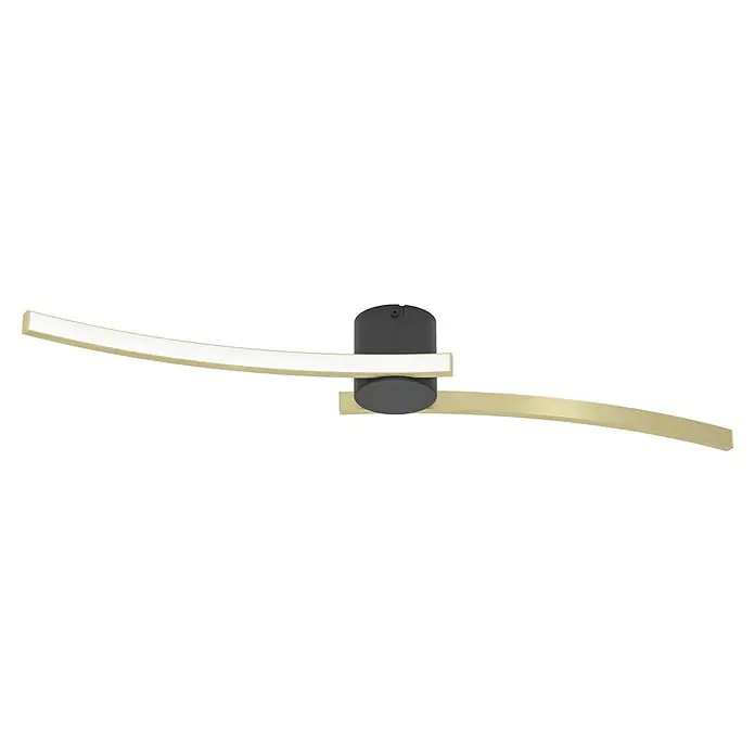 Eglo LED-Deckenleuchte Aieta - 12 W, L x B x H: 7 x 13 x 8 cm, Schwarz, Messing, Neutralweiß - Nahaufnahme eines modernen Deckenventilators mit geschwungenen, goldfarbenen Blättern und einem grauen Gehäuse auf schwarzem Hintergrund.