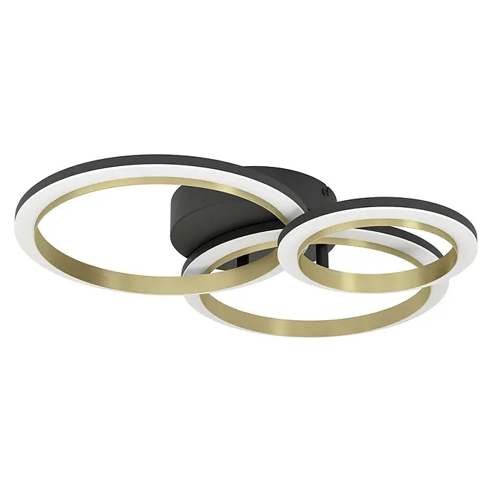Eglo Calliera LED-Deckenleuchte Calliera - 20 W, L x B x H: 49 x 44,5 x 11 cm, Schwarz, Messing, Neutralweiß - Nahaufnahme einer modernen LED-Deckenleuchte mit drei goldenen Ringen, umrandet von Weiß und Schwarz. Elegante Beleuchtung für jeden Raum.