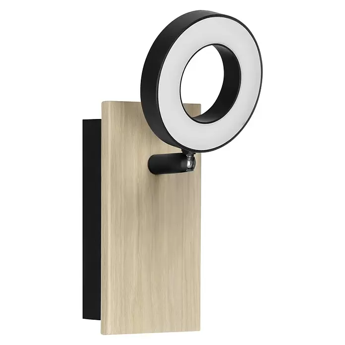 Eglo LED-Wand- & Deckenleuchte Rielves - 4,7 W, Holz, Stahl, Schwarz, Warmweiß - Schwarze Ring-LED-Wandleuchte mit weißem Diffusor, montiert auf hellem Holzpaneel und schwarzer Rückplatte.