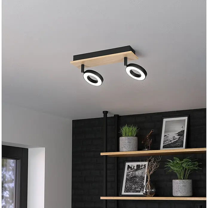 Eglo LED-Einbauleuchte Rielves - 4,2 W, L x B x H: 28 x 7 x 17,5 cm, Schwarz, Holz, Warmweiß - Moderne Deckenleuchte mit zwei runden LED-Spots und einem Holzsockel für stilvolle Beleuchtung im Raum. Elegantes Design für ein angenehmes Ambiente.