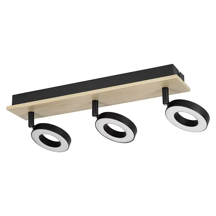 Eglo LED-Einbauleuchte Rielves - 4,2 W, L x B x H: 40 x 7 x 17,5 cm, Schwarz, Holz, Warmweiß - Deckenstrahlerleiste aus Holz und Schwarz mit drei runden schwarzen Spots und weißen LED-Ringen.