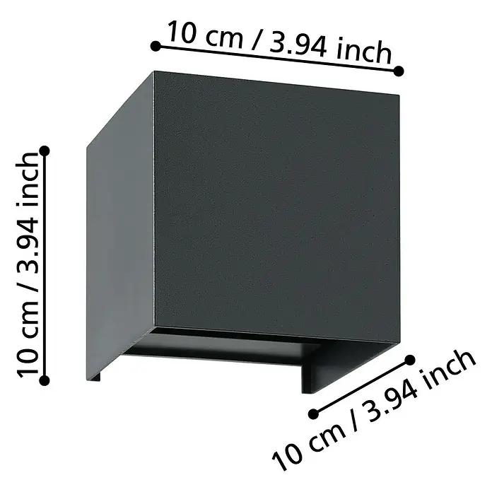 Eglo LED-Wandleuchte Valmontone - 1,5 W, L x B x H: 10 x 10 x 10 cm, Schwarz, Warmweiß - Produktbild einer quadratischen, schwarzen Wandleuchte mit den Maßen 10 cm x 10 cm x 10 cm, die ein modernes und minimalistisches Design aufweist.