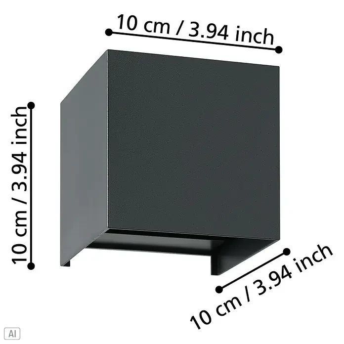 Eglo LED-Wandleuchte Valmontone - 1,5 W, L x B x H: 10 x 10 x 10 cm, Schwarz, Warmweiß - Produktbild einer quadratischen, schwarzen Wandleuchte mit den Maßen 10 cm x 10 cm x 10 cm, die ein modernes und minimalistisches Design aufweist.