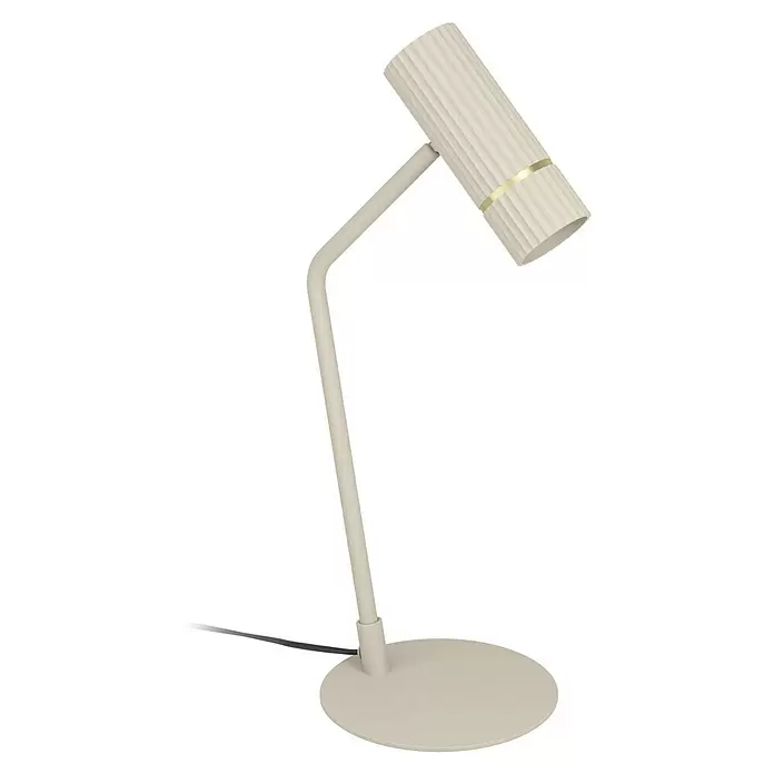Eglo Caminia LED-Tischleuchte - 5 W, L x B x H: 21 x 17 x 48,5 cm, G10q - Beige Tischlampe mit geripptem zylindrischem Schirm, goldenem Band, gebogenem Arm und rundem Fuß, mit schwarzem Kabel.