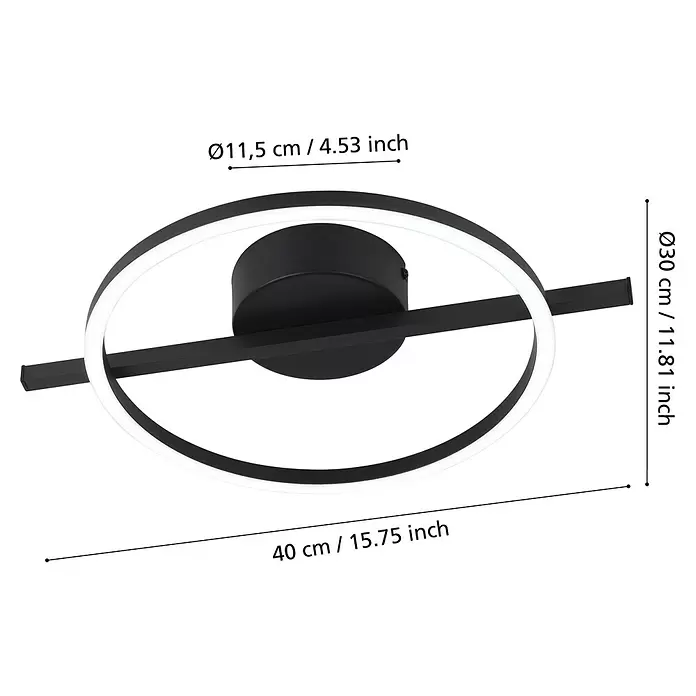 Eglo LED-Deckenleuchte Amandolo - 17 W, L x B x H: 40 x 30 x 6,5 cm, Schwarz, Neutralweiß - Moderne schwarze LED-Deckenleuchte mit einem kreisförmigen Lichtring und linearem Arm.