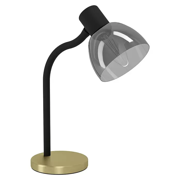 Eglo LED-Tischleuchte Macere - 25 W, L x B x H: 22 x 12 x 34 cm, Schwarz, Gold, Schwarz - Schreibtischlampe mit schwarzem flexiblem Arm, goldener Basis und transparentem dunkelgrauem Schirm mit sichtbarer Glühbirne.
