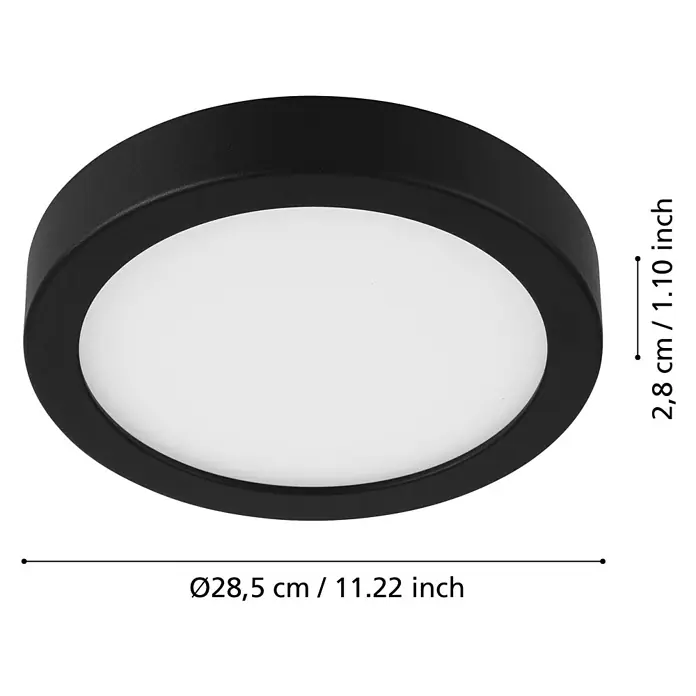 Eglo LED-Deckenleuchte Fueva 5 Sensor - 28,5 W, Schwarz, Warmweiß, Durchmesser: 28,5 cm - Nahaufnahme der runden, schwarzen Deckenleuchte mit den Maßen Ø28,5 cm / 11,22 Zoll und 2,8 cm / 1,10 Zoll Höhe.