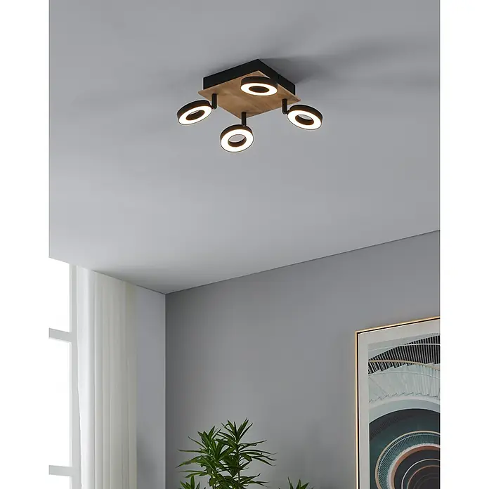 Eglo LED-Einbauleuchte Rielves - 4,2 W, L x B x H: 17 x 7 x 17 cm, Schwarz, Holz, Warmweiß - Moderne Deckenleuchte mit vier runden LED-Leuchten an einer quadratischen Holzbasis mit schwarzem Rand.