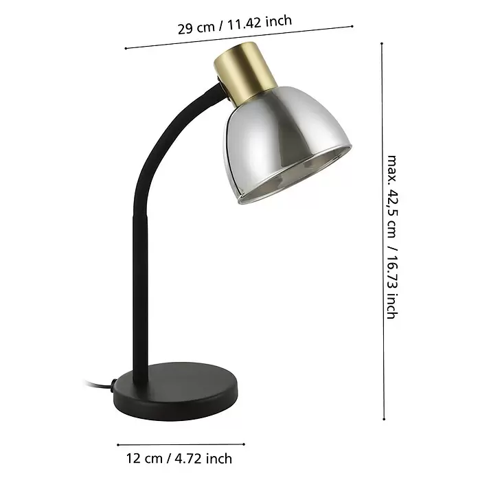 Eglo LED-Tischleuchte Macere - 25 W, L x B x H: 22 x 12 x 34 cm, Schwarz, Gold, Schwarz - Verstellbare Schreibtischlampe mit schwarzem Fuß und Stiel, goldfarbenem Gelenk und Chromschirm.