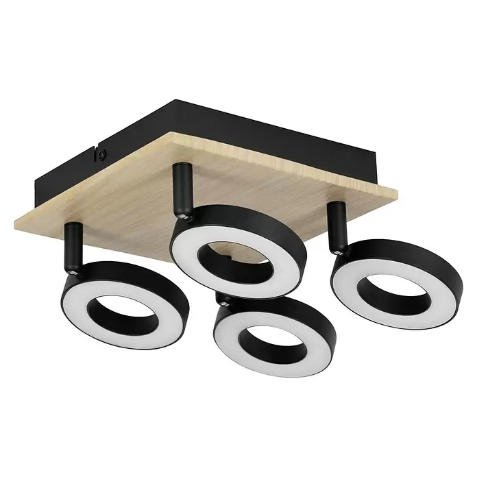 Eglo LED-Einbauleuchte Rielves - 4,2 W, L x B x H: 17 x 7 x 17 cm, Schwarz, Holz, Warmweiß - Moderne schwarze Deckenleuchte mit Holzsockel und fünf runden LED-Spots mit weißen Diffusoren.