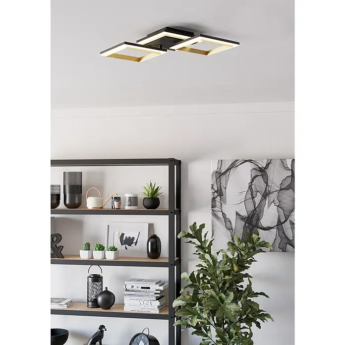Eglo Calliera LED-Deckenleuchte Calliera - 20 W, L x B x H: 59,5 x 31 x 9 cm, Schwarz, Messing, Neutralweiß - Moderne Deckenleuchte mit quadratischen, goldenen Akzenten und LED-Beleuchtung, die ein stilvolles Ambiente schafft. Ideal für moderne Wohnräume.