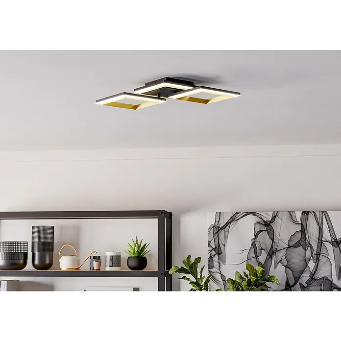 Eglo Calliera LED-Deckenleuchte Calliera - 20 W, L x B x H: 59,5 x 31 x 9 cm, Schwarz, Messing, Neutralweiß - Deckenleuchte mit quadratischen Schirmen in Schwarz und Gold. Die moderne Lampe sorgt für eine stilvolle Beleuchtung im Raum.