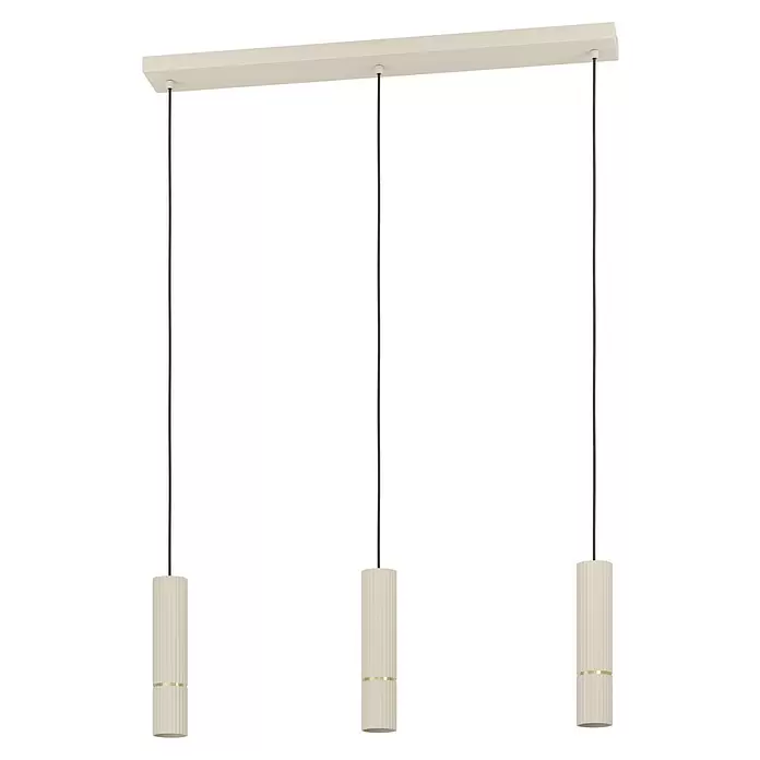 Eglo Caminia LED-Pendelleuchte - 4,7 W, Warmweiß, Anzahl Leuchtmittel: 3 Stk. - Dreifache zylindrische Pendelleuchte mit Rippenstruktur in Hellbeige mit Goldband, an schwarzen Kabeln von einer rechteckigen Stange hängend.